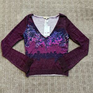 Vintage Easel Metallic Sequin V Neck Sweater Medium Purple Y2K Flare Sleeve NWT
